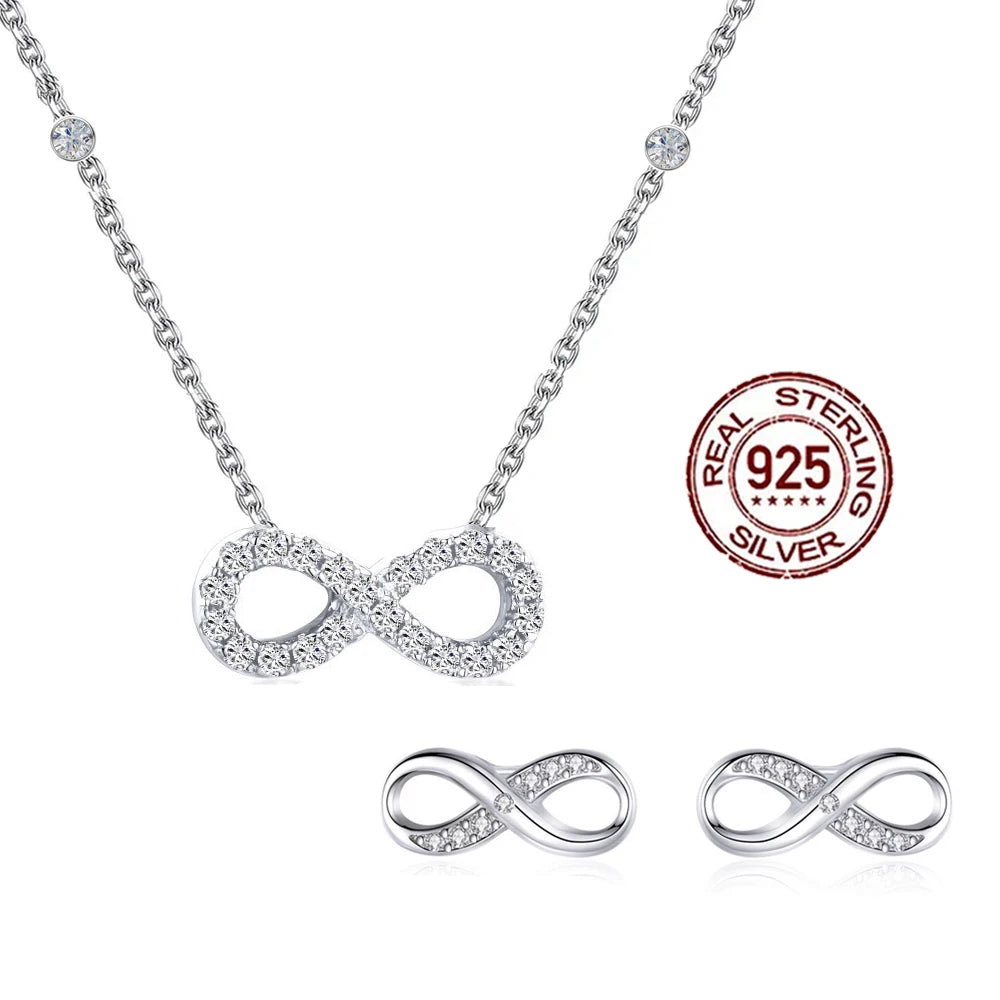 Pretty Endless Symbols Shaped Necklace and Earrings Cubic Zircon CZ Real S925 Sterling Silver Jewelry Set for Women Girl Gifts