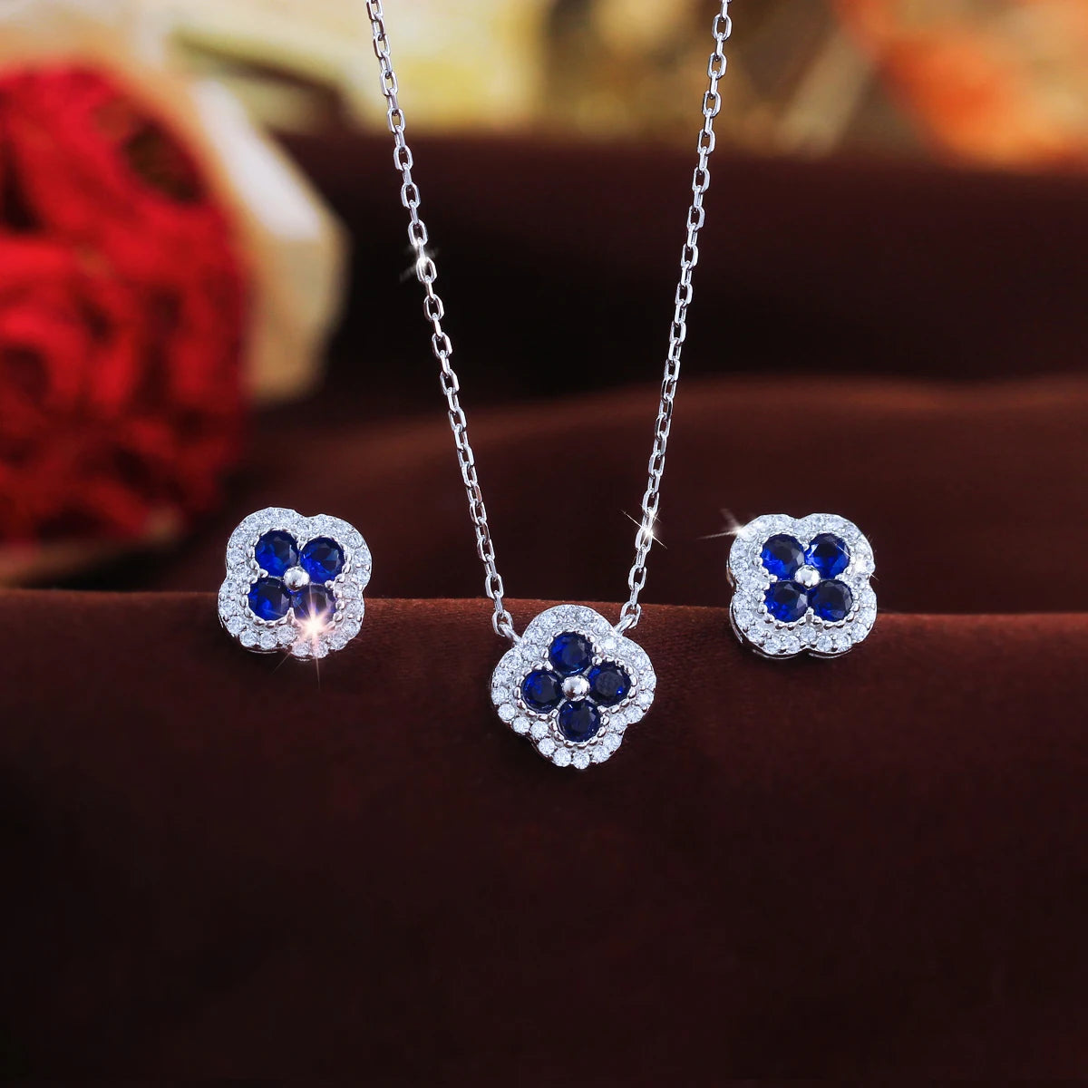 Fine Jewelry Blue CZ Cubic Zirconia  Necklace Earrings S925 Sterling Silver Four Leaf Clover Jewelry Set for Women Daily Wear