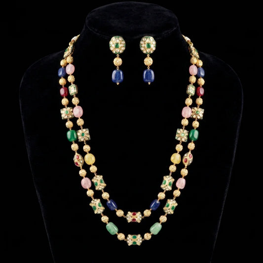Lakshmi Luxury Multicolor Gemstone Long Necklace Earrings Bracelet Set Gold Plated Kundan Polki Beaded Statement Wedding Jewelry for