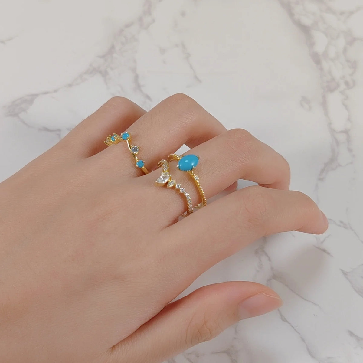 ArtistA Abiding Light Luxury Cluster Zirconia Synthetic Turquoise Gemstone 925 Silver Wedding Engagement Ring Set
