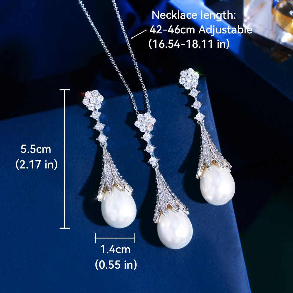 Exquisite Shiny Cubic Zircon Simulated Pearl Pendant Necklace and Earrings Bridal Wedding Party Pearls Jewelry Set for Women
