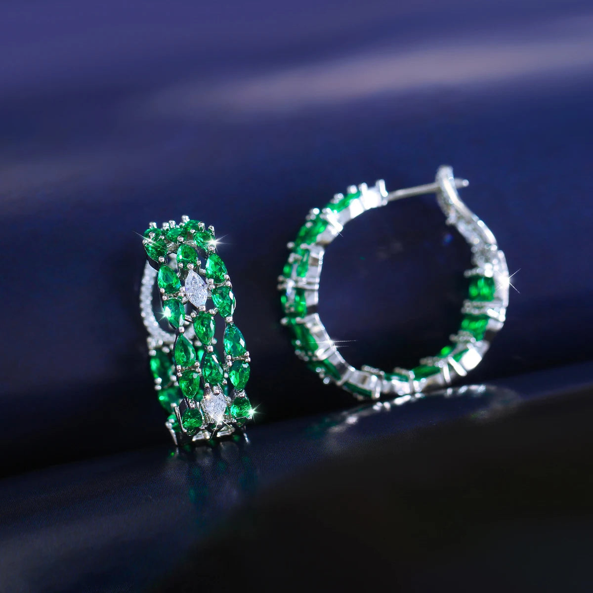 S&S Green Water Drop Pear-Cut CZ Hoop Earrings – Rhodium Silver Plated – Collection