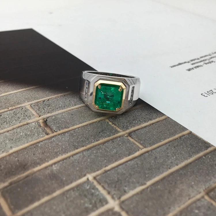 Gemfiori 925 Sterling Silver Band Ring Lab Grown Emerald Men Adjustable Size Custom 925 Sterling Silver Rings for Men