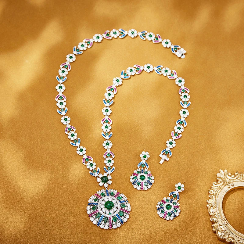 Classic Fashion Jewelry Set Necklace Earrings Inlaid with Colorful Cubic Zirconia Paired with Anniversary Gift