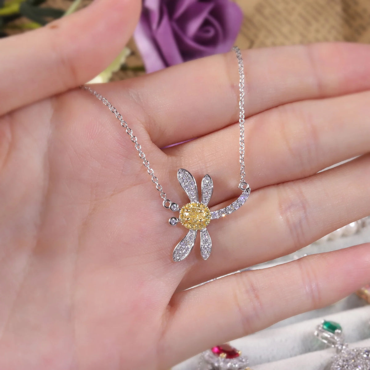 ArtistA AN063 Abiding Cute Insect Dragonfly Fancy Vivid Yellow Cubic Zirconia 925 Sterling Silver Dragonfly Pendant Necklace