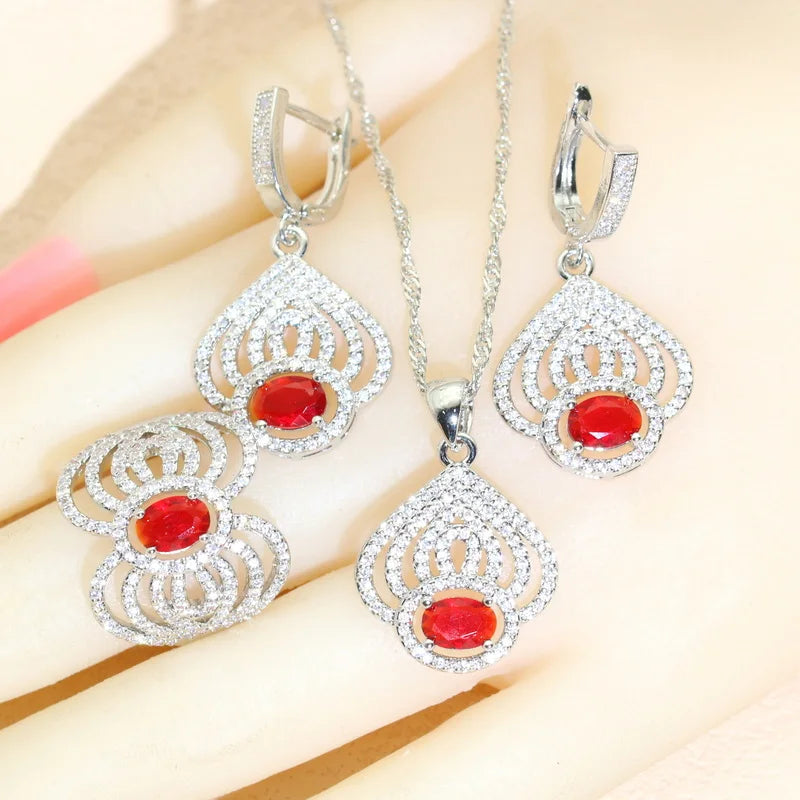 XOTICA 2023 New 925 Sterling Silver Jewelry Set for Women Red Zircon Earrings Bracelet Rings Necklace Pendant for Party Wedding Gift