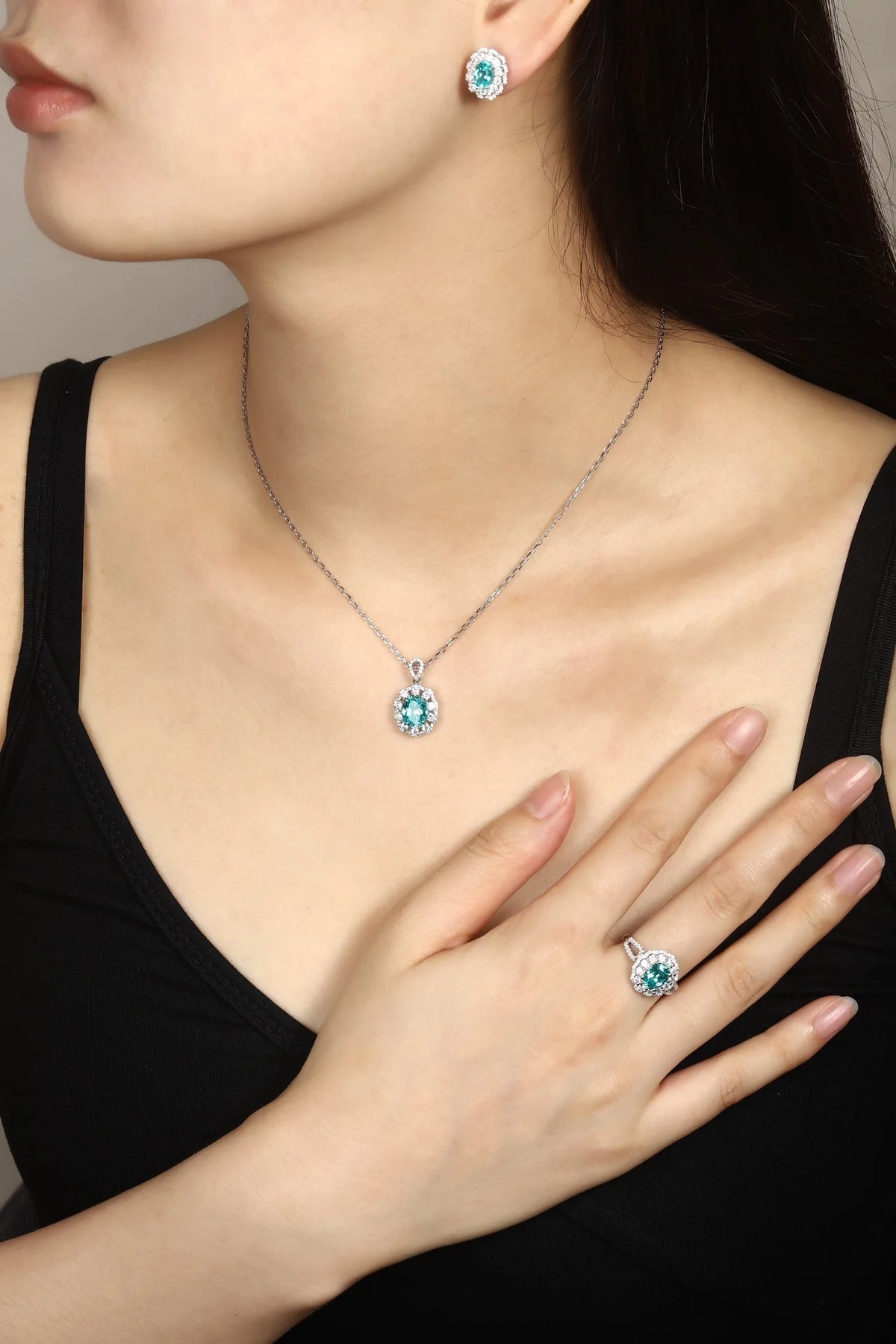 Gemfiori High Quality 925 Silver Rhodium Plated Romantic Bridal Jewelry Set with Lab Grown Paraiba Rings for Women Engagement Gift