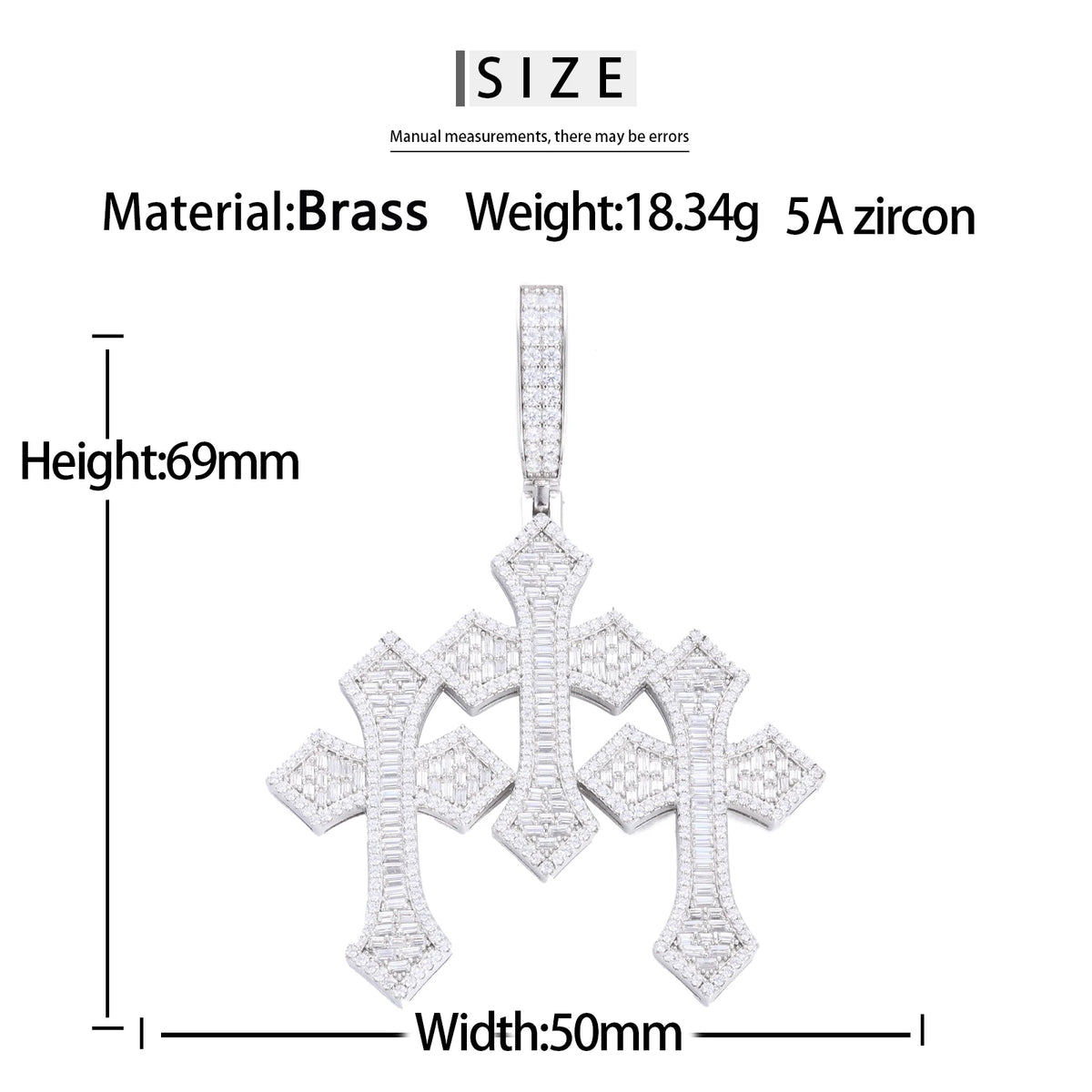 Sparkling Religious Jewelry Hip Hop Mens 18K Gold Plated Brass AAAAA Baguette CZ Diamond Iced Out Triple Cross Pendant
