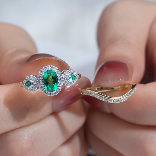 Messi Jewelry  MSR-1048 9K Yellow Gold PT950 Oval Lab Emerald Ring Set Stackable Rings
