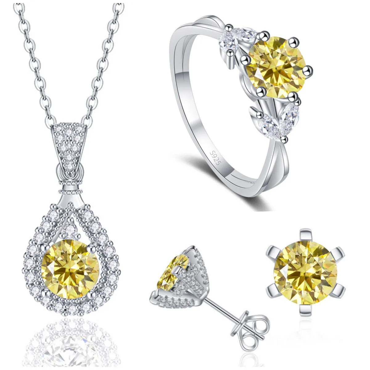 REDheart Fine 925 Sterling Silver Women's Wedding Bridal Jewellery Set Round Cut VVS Colored Moissanite Rings Necklace and Earrings Set