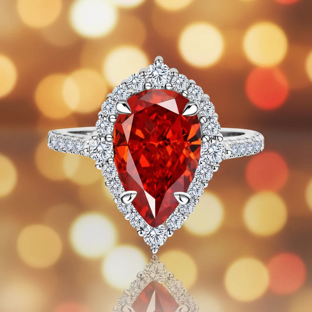 MuShan Jewelry Factory 925 Sterling Silver Rings for Women 7ct 8 * 12 Pear Shaped Red Synthetic High Carbon Diamond Jewelry
