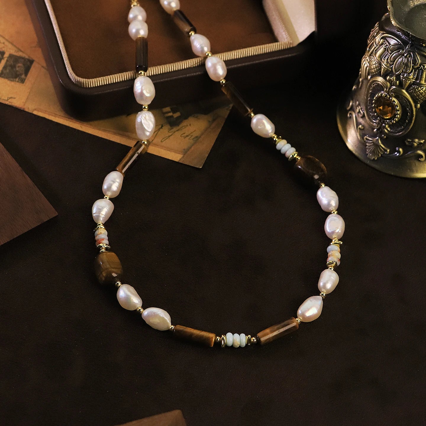 Natural Freshwater Pearl Tiger Eye Shoushan Stone Beaded Necklace for Women Daily Wear Vacation Retro Necklace Bohemian Jewelry
