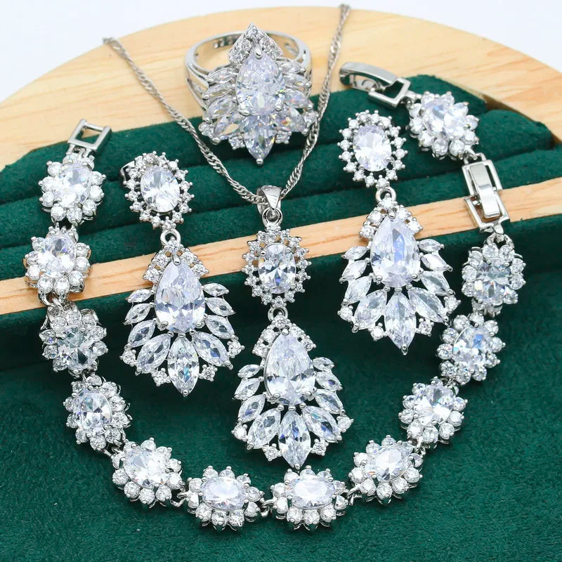 XOTICA Classic Dubai Set for Women Red White Zircon Silver Color Alloy Bracelet Earrings Necklace Pendant Ring for Wedding Parties