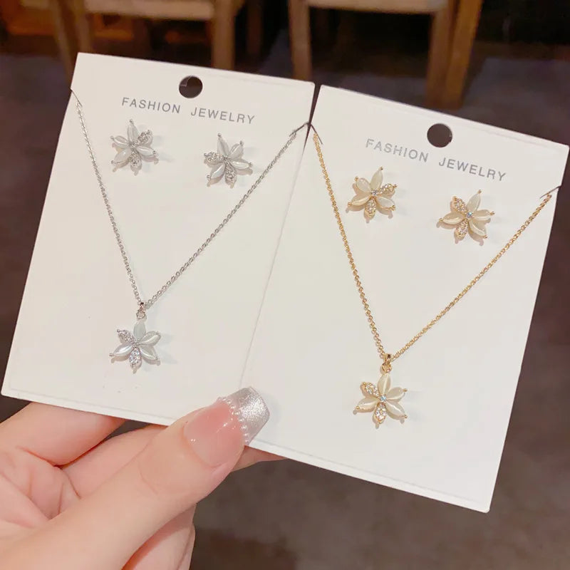 Top Quality Fashion Exquisite Cat Eye Stone Flower Necklace and Earrings Set Classic Real Gold Plated Jewelry Set for Women