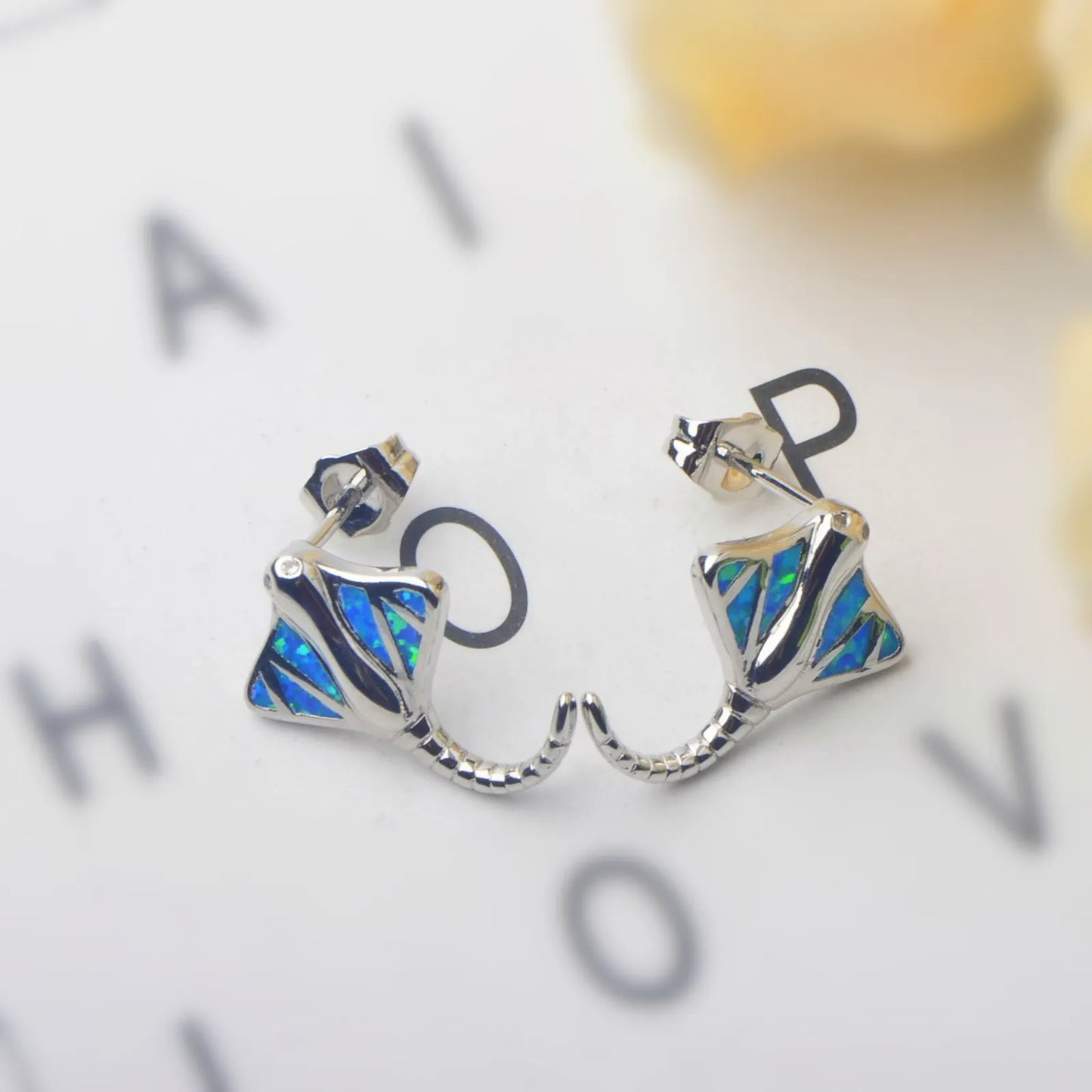 Elegant Ocean Tropical fish Opal Earrings  Dainty Studs with Inlaid Opal for Premium Style