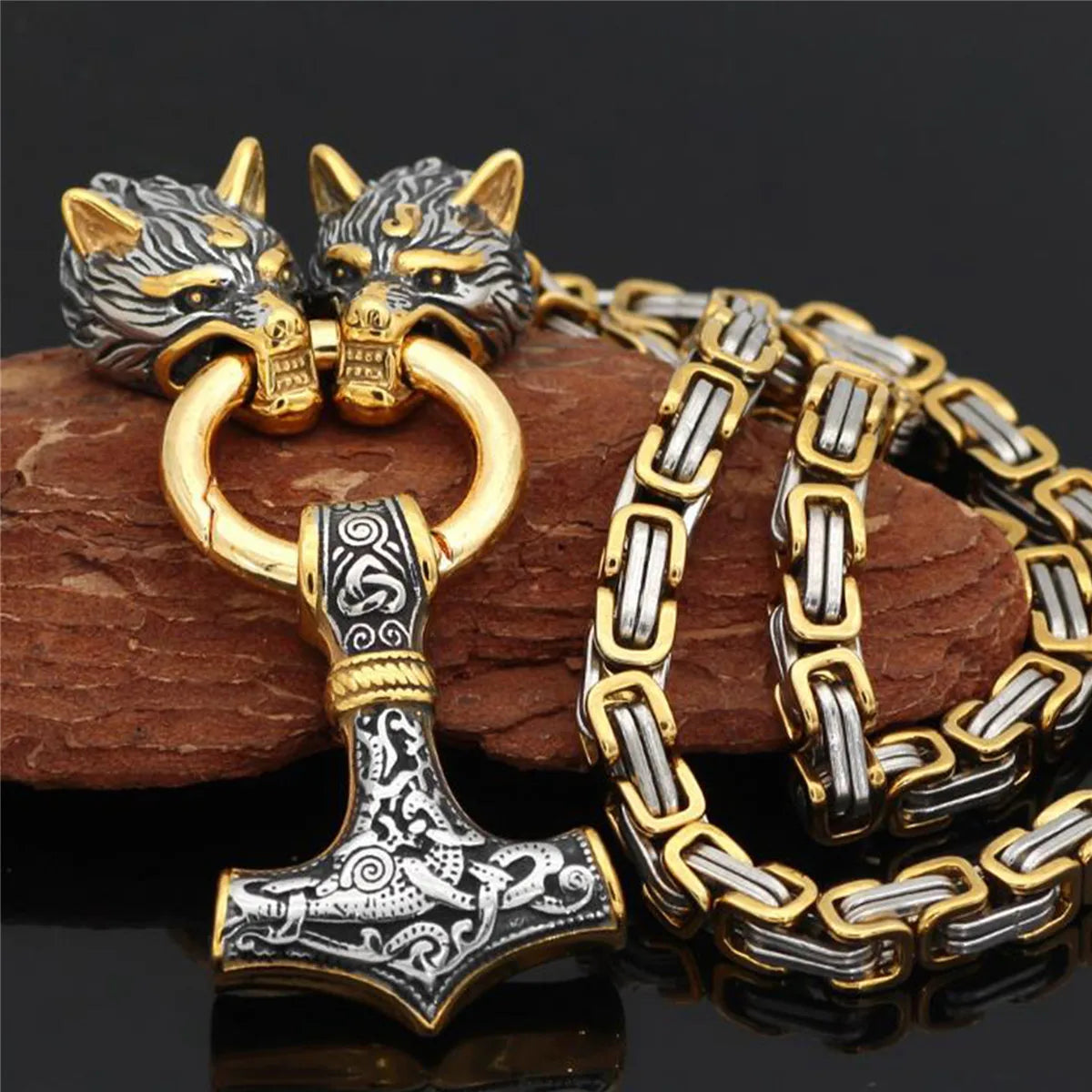 REBEL VIKING Thor Hammer Mjolnir Wolf Head Pendant Necklace – 24" Stainless Steel
