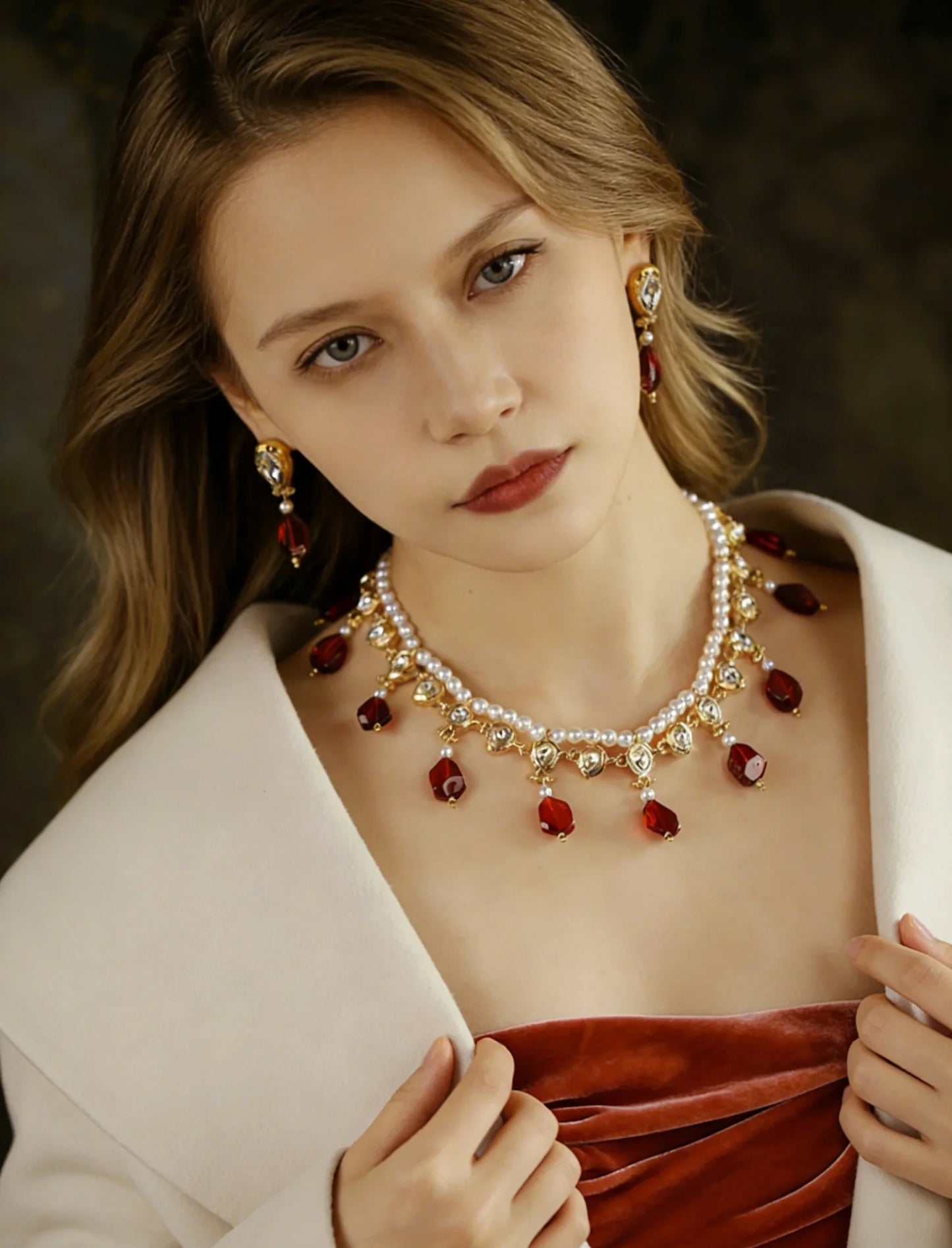 XM S140 Vintage Red Teardrop Gemstone Pearl Jewelry Set for Wedding Party and Formal Occasions