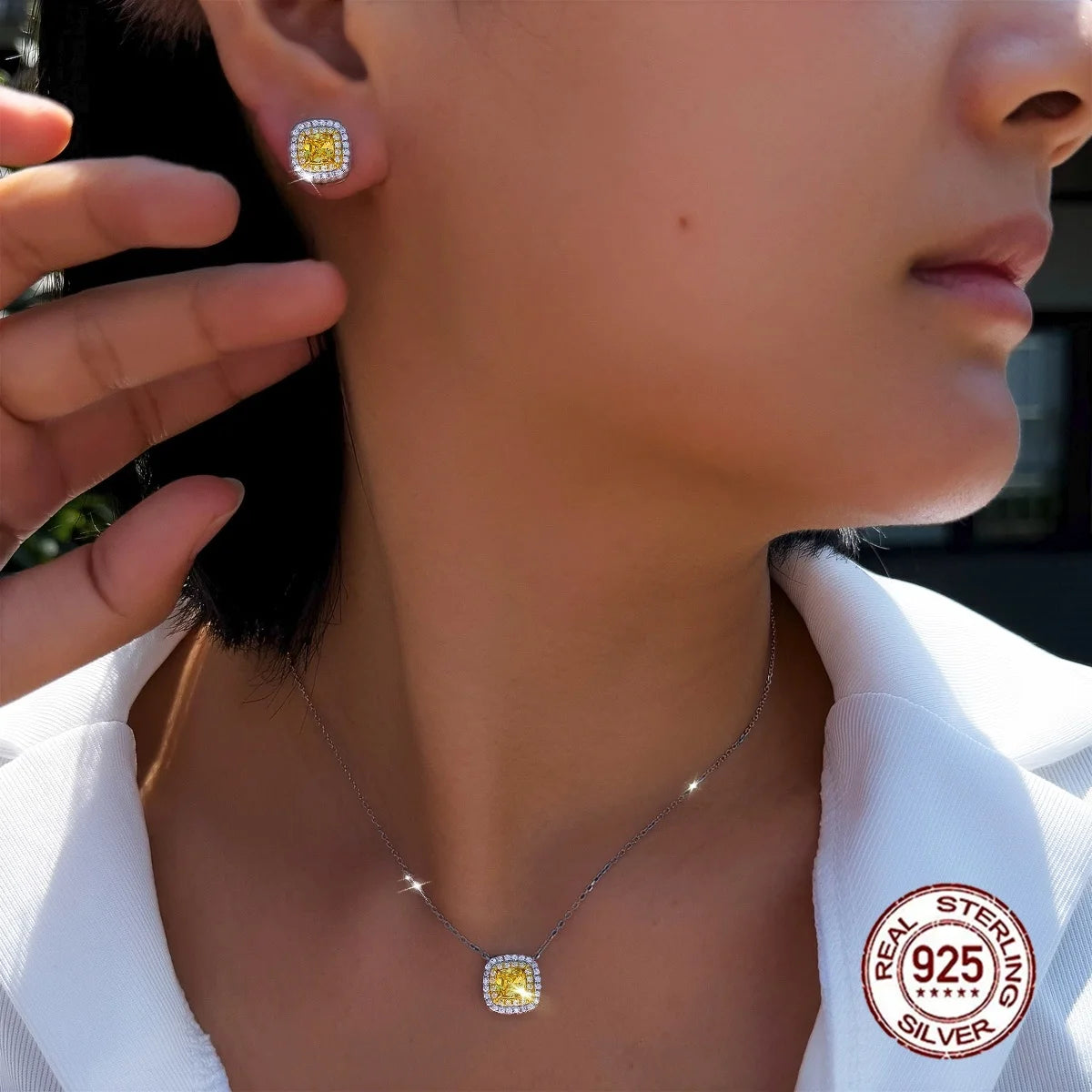 925 Sterling Silver Double Halo Necklace Earrings Simulated Canary Yellow Diamond CZ Pave Jewelry Set for Women Sensitive Skin
