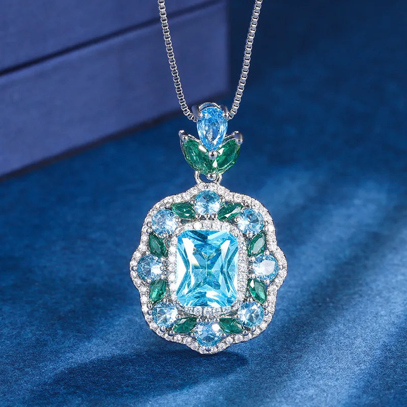 Gemfiori European and American Retro Jewelry Pendant Ring Set Jewelry clear Blue Zircon Fashionable High-end Ring