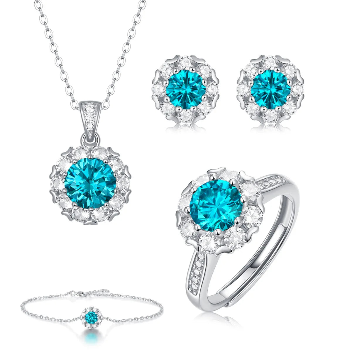 Multi Color Round VVS Moissanite 4Pcs Halo Jewelry Set Adjustable Ring Pendant Necklace Stud Earrings Bracelet S925 Silver Sets