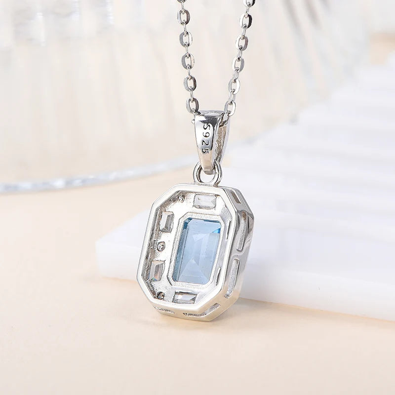 Gioiellieri Fine Jewelry 925 Silver Rhodium Plated Emerald Cut Natural Topaz Pendant Necklace Claw Setting CMA Certified for Women