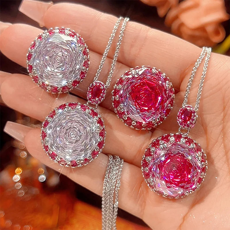 REDheart Fashion Copper Inlaid Zircon Opening Ring Rose Red Zircon 18K Gold Plated Flower Design Light Luxury Women's Pendant Jewelry Set