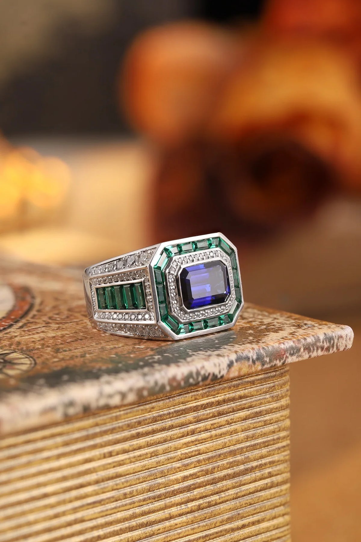 Gemfiori Elegant Men's Sterling Silver 925 Ring Men Rings Lab Grown Sapphire Emerald Diamond Inlay Christmas & Father's Day Gift for Him