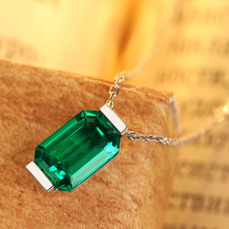 Gemfiori Lab Gemstones Emerald 9*6 Columbia Emerald 18K Gold Pendant Necklace for Womens