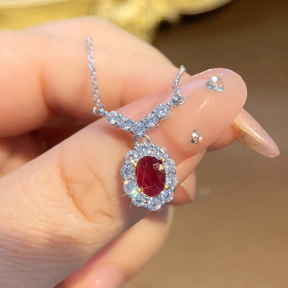 Gioiellieri Natural Red Ruby Pendant Necklace S925 Sterling Silver Fine Jewelry for Women Fashion Gemstone Charm Anniversary Gift