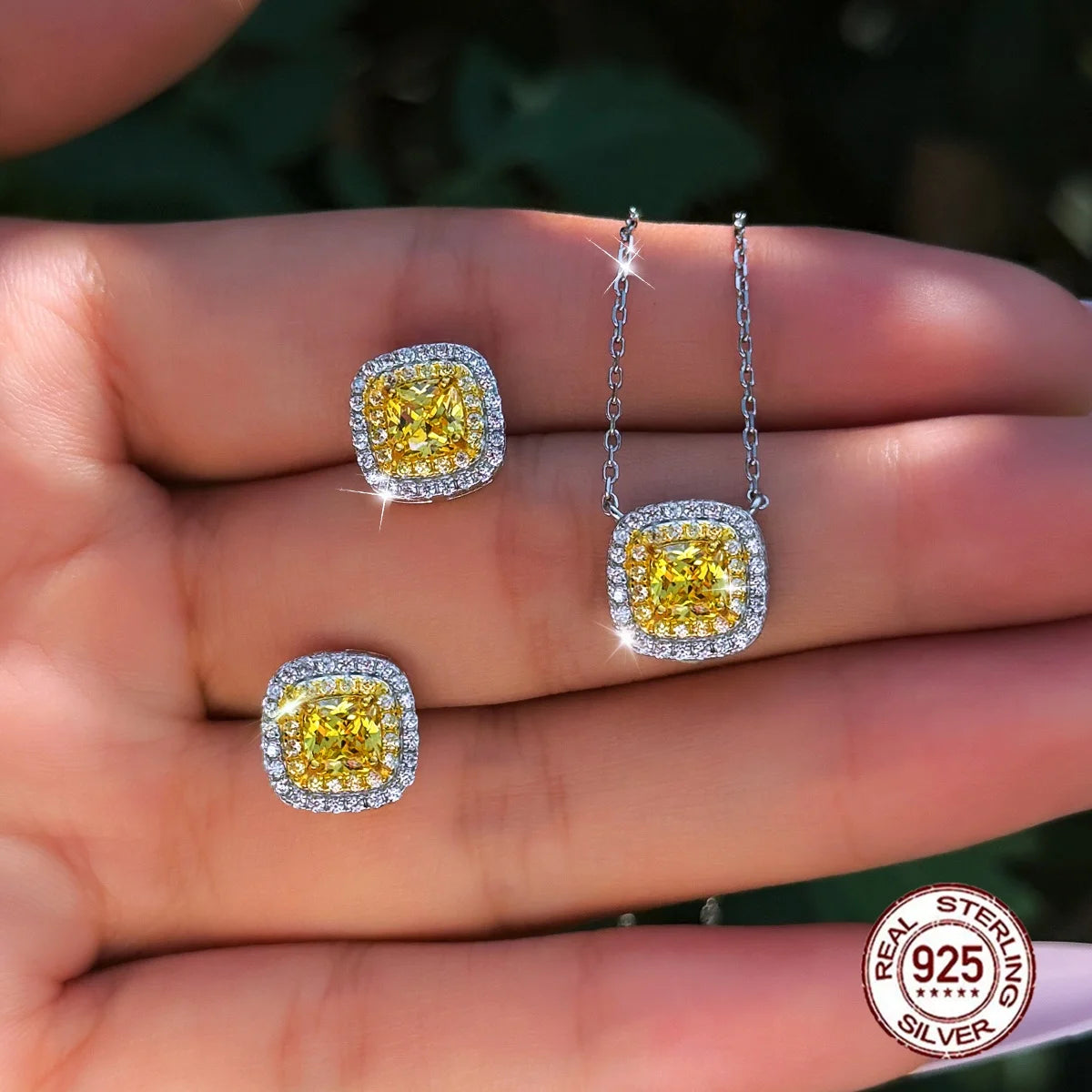 925 Sterling Silver Double Halo Necklace Earrings Simulated Canary Yellow Diamond CZ Pave Jewelry Set for Women Sensitive Skin