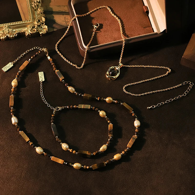 Natural Pearl Long Tiger Eye Stone Pendant Necklace Bracelet Set Luxurious Design Jewelry Set for Banquet Gift for Women GS0221