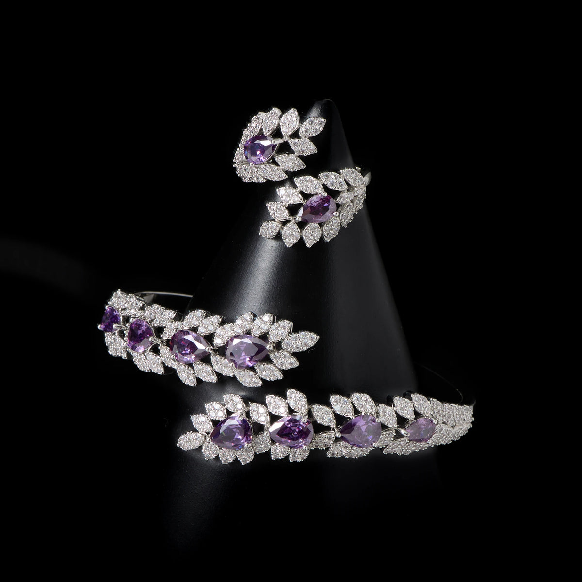 00056 New Arrival Luxury Designer Inspired Jewelry Exquisite Full of Colors Zircon Leaf Bracelet Bangle Ring Sets