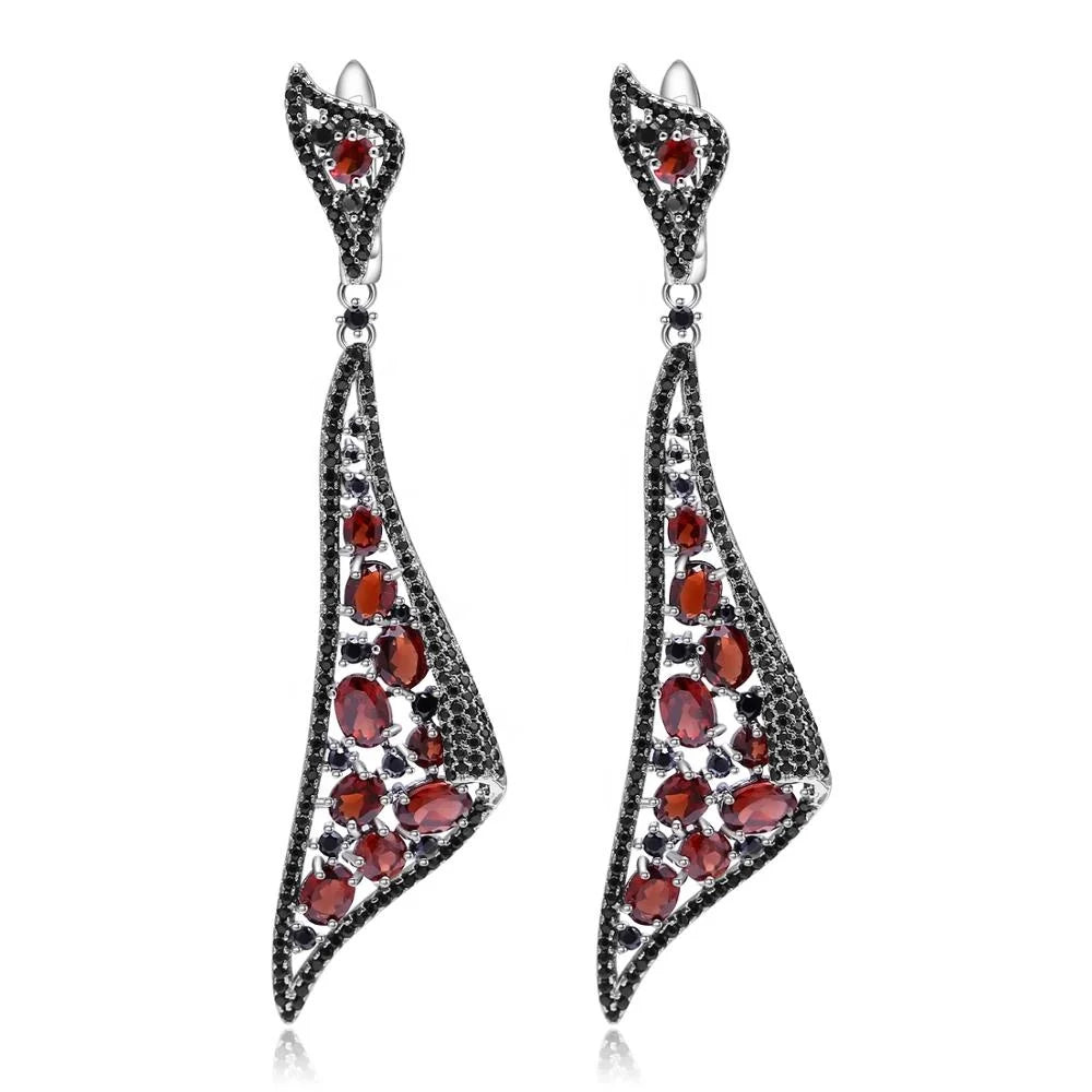 ArtistA Abiding Special Design 925 Sterling Silver Gemstone Black Cz Real Red Garnet Jewelry Ring Earrings Pendant Set for Women