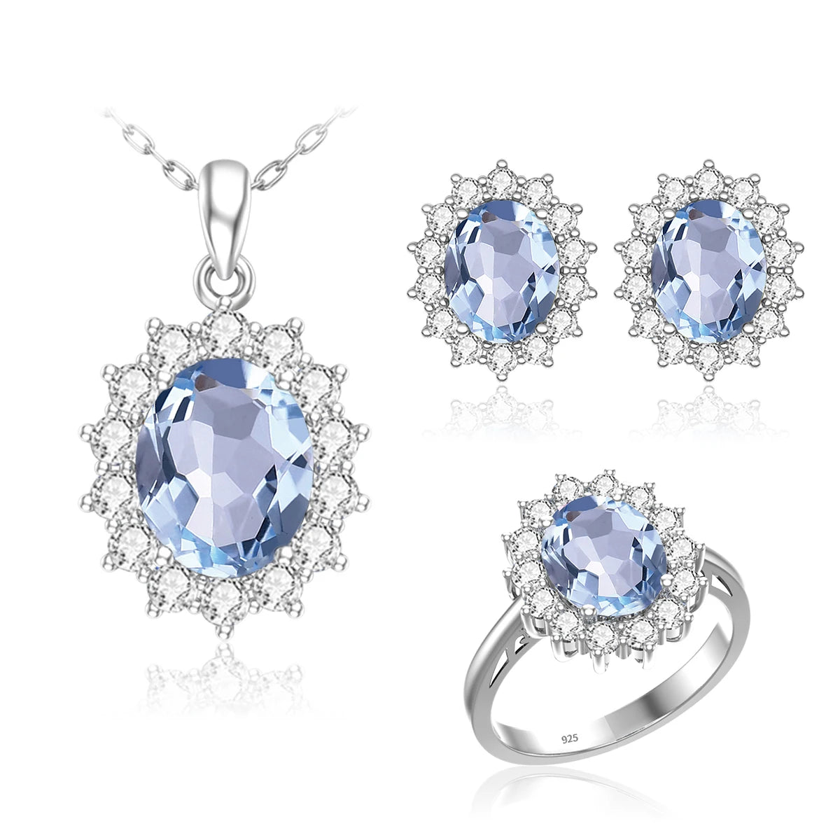 ArtistA Luxury Bridal Jewelry Set 925 Sterling Silver Sapphire Halo Ring Earrings Pendant for Women's Wedding Jewelry