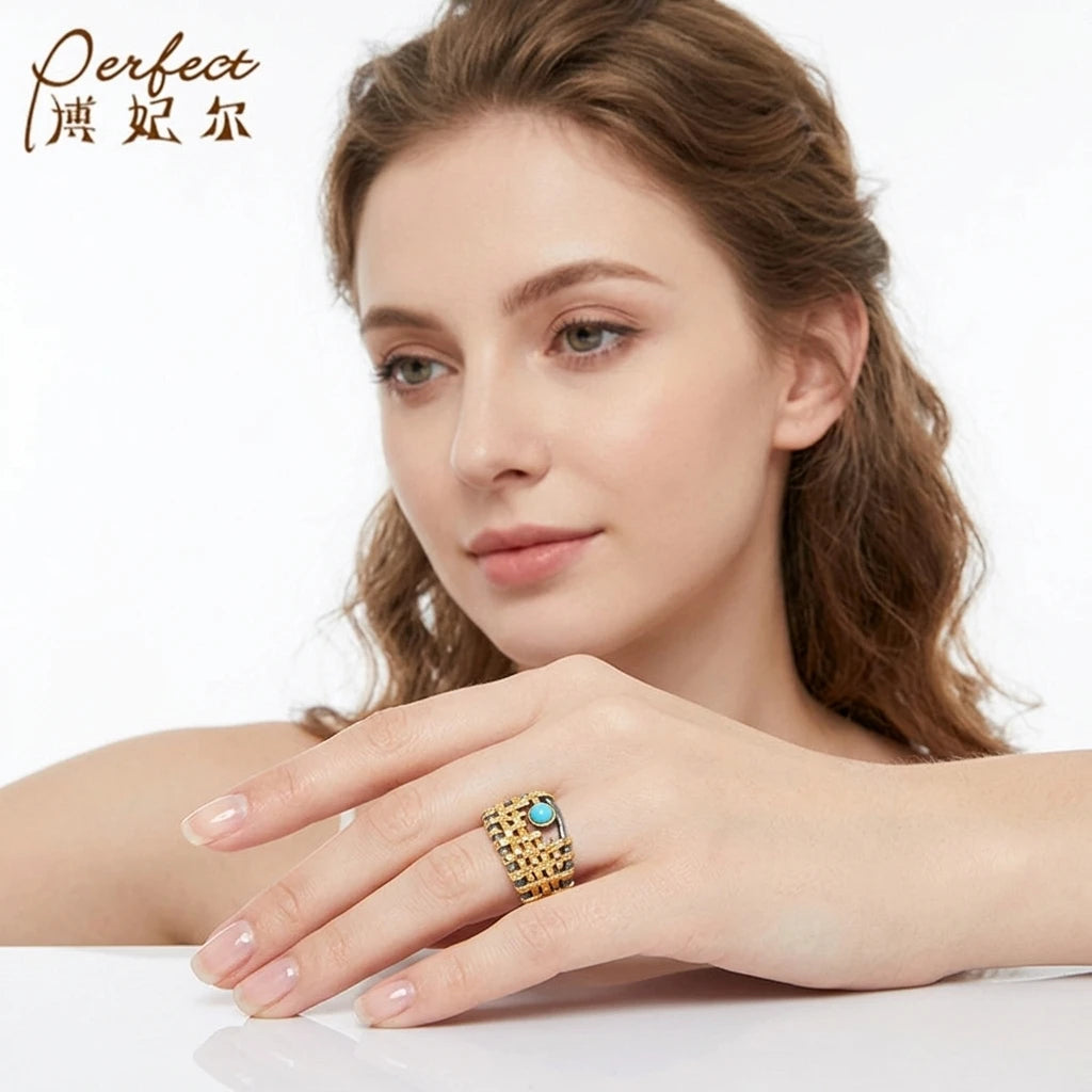 OEM/ODM Handmade 925 Sterling Silver Synthetic Turquoise Ring With Gold Plated Design
