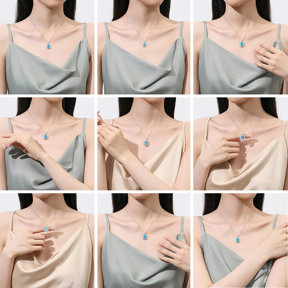 925 Sterling Silver Classic Square Blue Zircon Pendant Necklace | Luxury Blue Stone Clavicle Chain Birthday Gift for Women