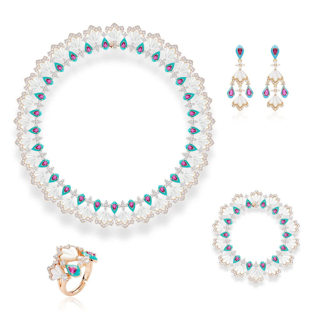 Women's White Shell Evening Dress Set Brass Jewelry Exaggerated Short Necklace Earrings Rings Bracelets Wholesale