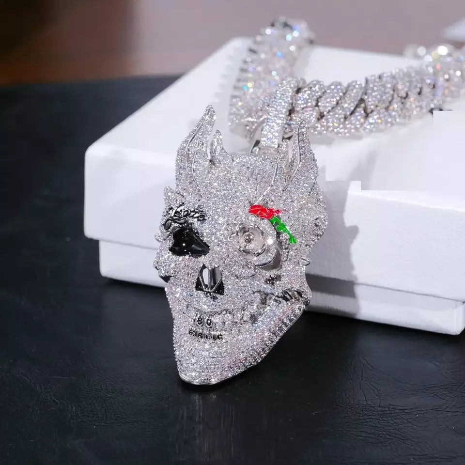 BiG-BOSS Bling Full Diamond 3 Colors Cool Rock Punk Men Jewelry Micro Pave CZ Iced Out Big 3D Shaped Skull Pendant Hip Hop Necklace