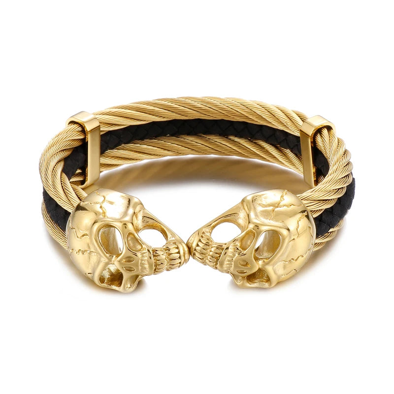 REBEL Punk Silver/Gold/Black/Grey Stainless Steel&Double Skin Skull Cuff Bangle Bracelet