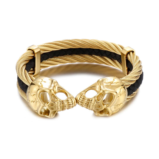 KALEN Punk Silver/Gold/Black/Grey Stainless Steel&Double Skin Skull Cuff Bangle Bracelet