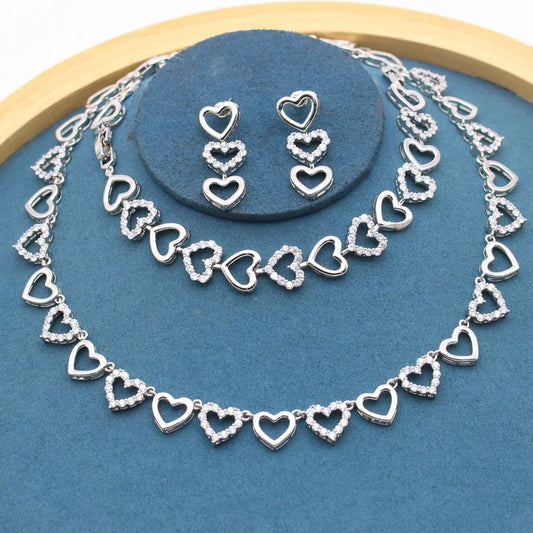 Sweet Heart-Shape 925 Silver Custom Jewelry Set White Topaz Necklace Earrings Bracelet for Bridal Wedding Engagement Women's