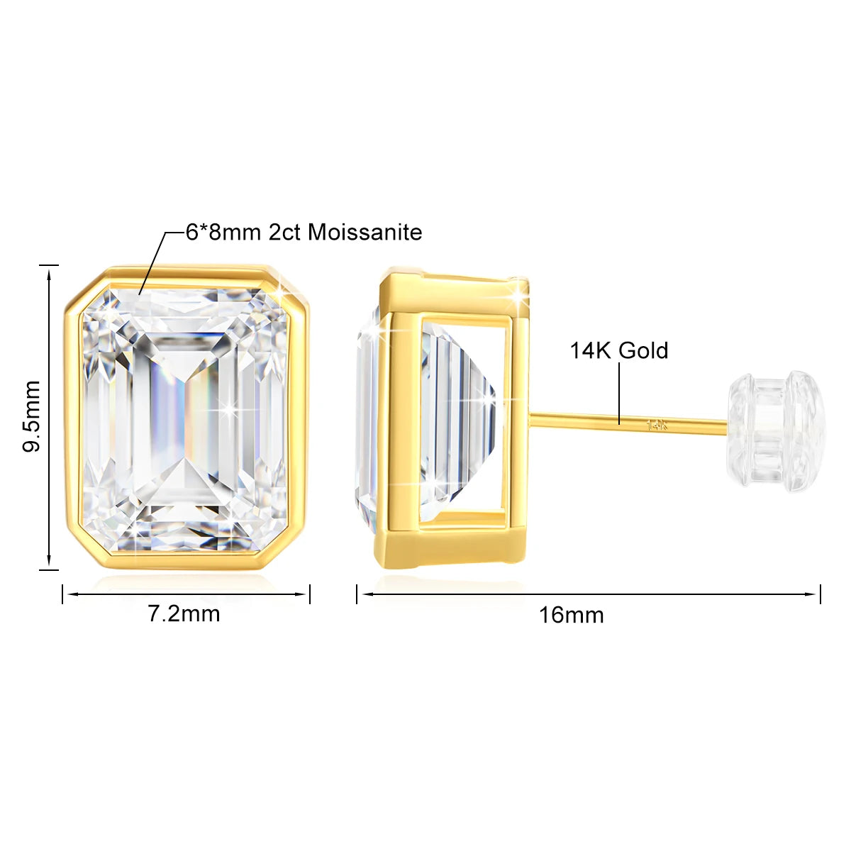 Gioiellieri Luxury Woman Engagement Jewelry Gift Classic Bezel Emerald Moissanite Stud Earrings 14K Gold Hollow