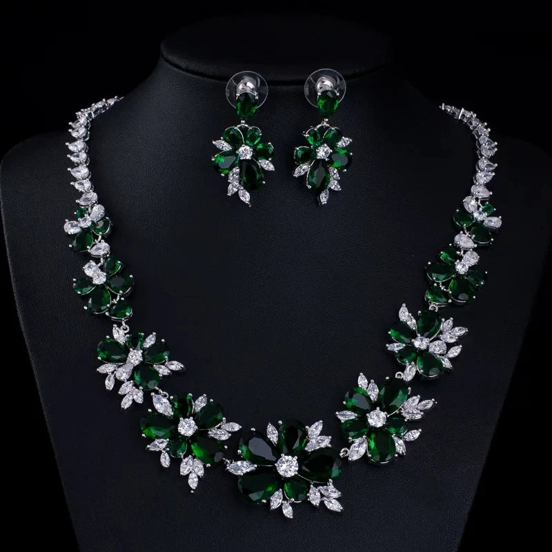 XM S307 Brass Silver Plated Red Zircon Floral Statement Necklace and Drop Earrings Jewelry Set for Women Wedding