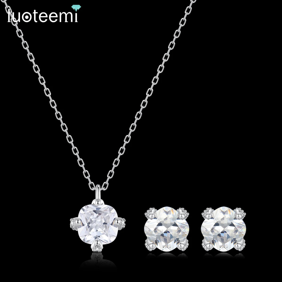 S&S Rhodium Plated Geometric Zircon Necklace & Earring Set – Collection