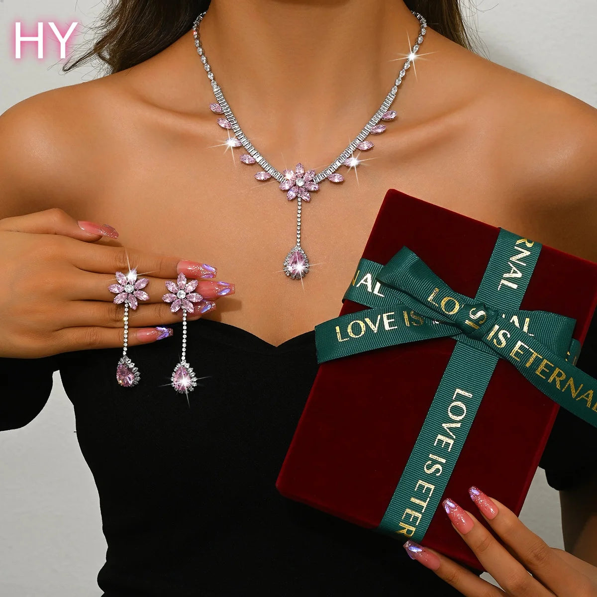 HY  Diamond Wedding Jewelry Set Shinny Zircon Flower Earring Necklace Green Pink Stone Necklace for Women