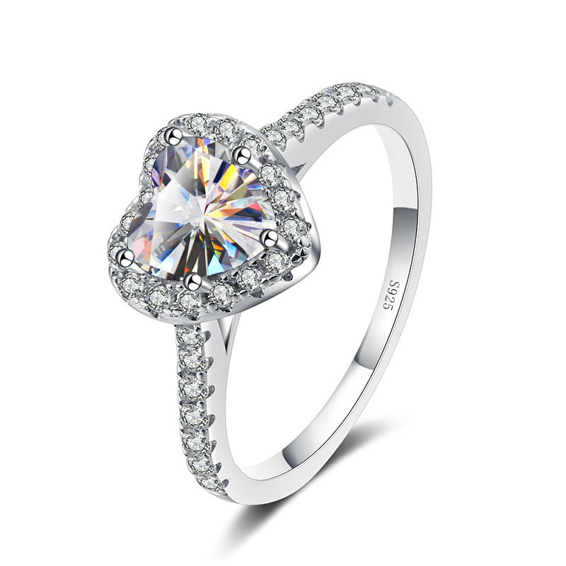 Wholesale Fine Jewelry S925 Sterling Silver Love Heart Ring Light Luxury 1Carat Colorful Heart Shaped Moissanite Engagement Ring