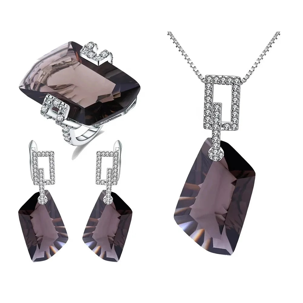 ArtistA Abiding Modern Luxury Big Stone Non Tarnish Natural Mystic Smoky Quartz Silver 925 Bridal Jewelry Set