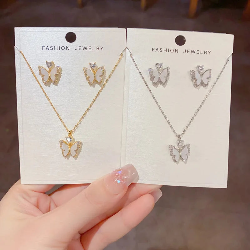 Hot Selling Fashion Unique Butterfly Necklace and Earrings Set with Zircon Classic Real Gold Plated Jewelry Set for Women