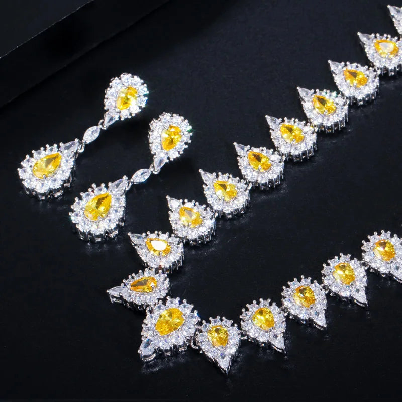 4 Piece Yellow Cubic Zirconia Wedding Luxury Saudi Arabia Dubai Bridal Jewelry Set for Women Costume Accessories