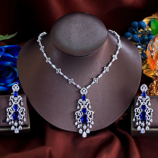 Top Quality Royal Blue Cubic Zirconia African Long Big Statement Necklace Earrings 2Pcs Sets for Women Evening Party Jewelry